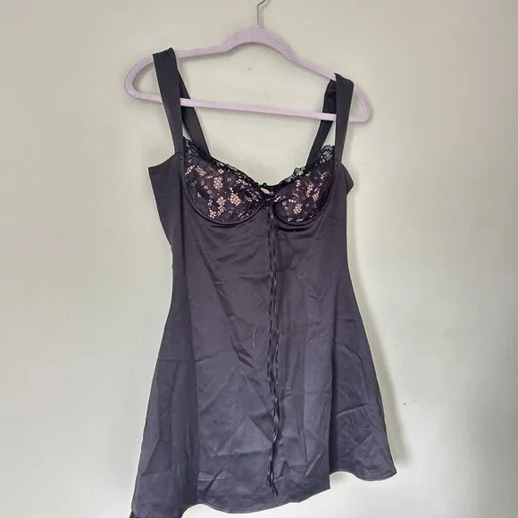 adriana black satin and lace mini dress SHOW US WHAT YOU GOT SATIN MINI DRESS IN BLACK – AKIRA main image 0